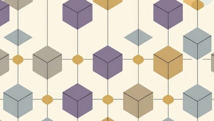 Geometric abstract vector pattern, cubes connected by lines, light beige background
