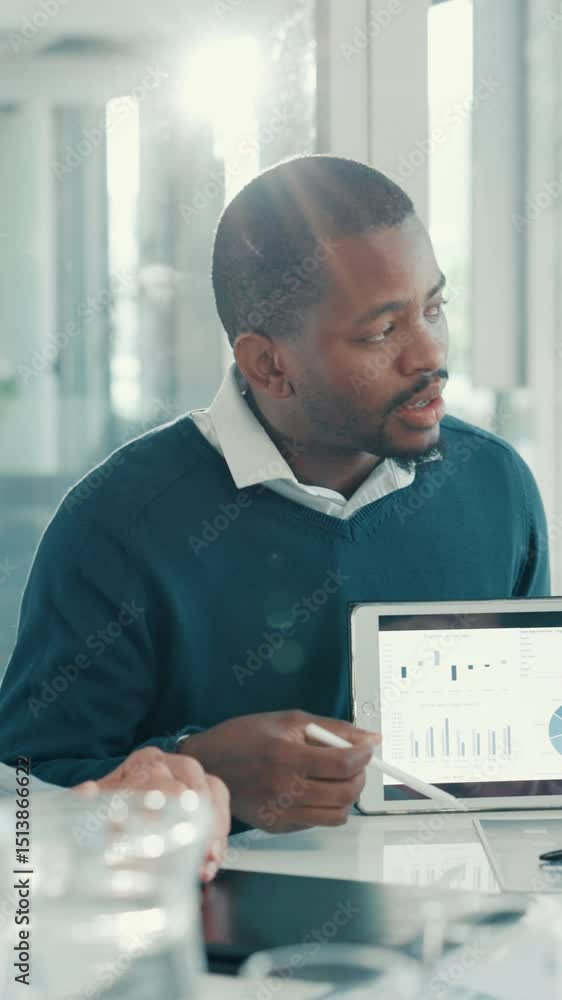 Poster presentation, tablet screen and businessman in office with data, graphs or charts for finance. techn