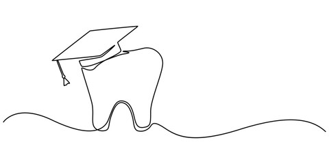 dental logo with graduation cap continuous one line drawing, One line drawing of a teeth, Graduation Cap Continuous Line Art Illustration, Tooth in graduation hat dental school icon isolated. Vector.