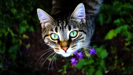 Close-up Portrait of a Tabby Cat with Vibrant Green Eyes