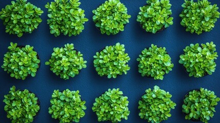 Small green plants in pots, grid pattern