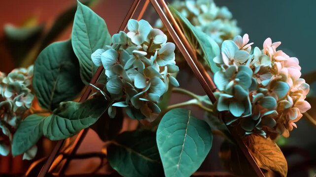 Delicate hydrangea blossoms with verdant foliage framed by copper geometric triangle for modern botanical arrangement, a floral still life