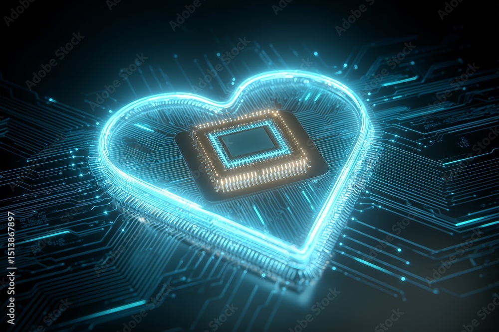 Aufkleber digital heart: illuminated circuit board forming a heart shape around a cpu chip, representing digit