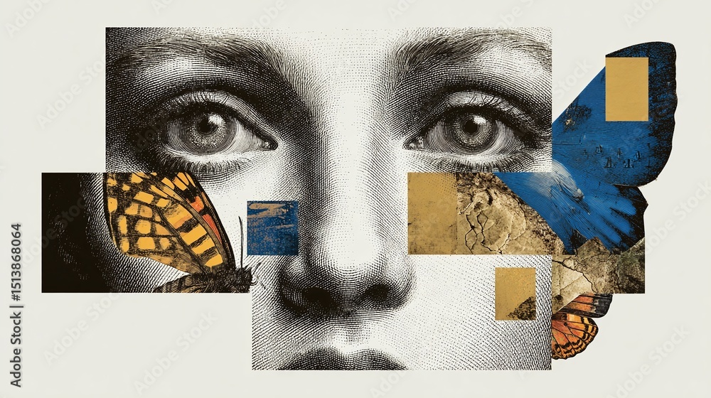 Aufkleber surreal composition of a face and butterflies, blending realism with abstract elements for a unique 