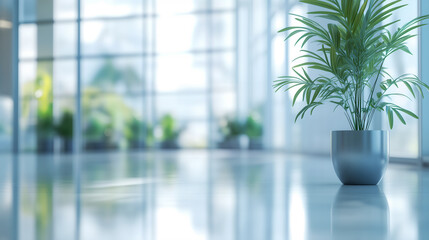 A serene office space with large panoramic windows allowing natural light, featuring elegant furniture and greenery, reflected softly on the polished floor in ultra-high definition.