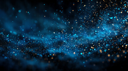 A captivating abstract background in dark blue tones features glowing particles in azure and electric blue, creating depth and a dreamy, cosmic atmosphere with gentle movement.