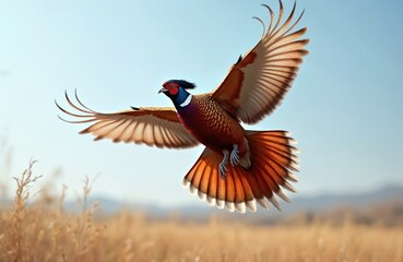 Flying pheasant bird, Phasianus colchicus male. Colorful plumage in flight against blue sky. Wildlife fauna in natural habitat, outdoors, meadow background. Natural colors. Beautiful bird.