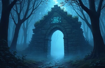 Obraz premium Mysterious stone archway amidst trees of mystical forest. Ancient runes glow faintly in eerie blue fog light. Foggy fantasy scene, entrance to magic portal. Art illustration, AI generative image.