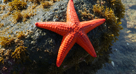Vibrant Red Starfish on Wet Rock