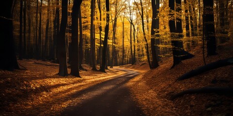 Golden autumn forest path sunlight through trees