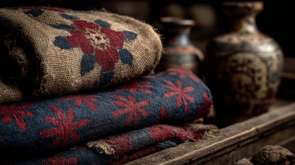 Fototapeta premium Close-up of Stacked Fabrics with Floral Pattern and Antique Pottery