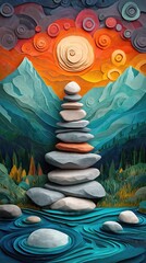 Papercut Paper Cut Hiking Trail Stacked Stone Stones Rock Marker Waypoint Guide Cairn Inuksuk Mountain Lake Scenic Landscape Phone Mobile Background Wallpaper Art Illustration