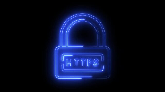 Neon global https computer icon animation with bulu glow on black background