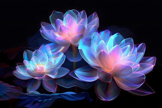 Vibrant neon lotus flowers glowing on a dramatic dark background