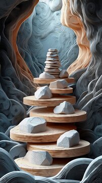 Papercut Paper Cut Hiking Trail Stacked Stone Stones Rock Marker Waypoint Guide Cairn Inuksuk Mountain Lake Scenic Landscape Phone Mobile Background Wallpaper Art Illustration