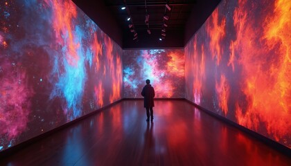 Modern art gallery with immersive sound art installations. Interior features futuristic display projecting colorful nebulas, person standing in space. Blending visual, auditory experience.