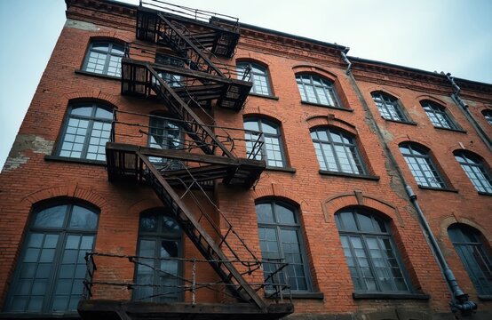 Old brick factory building with fire escape in Off Piotrkowska area Lodz Poland. Architecture of historical industrial building with windows. Urban travel destination. Construction made of red brick,