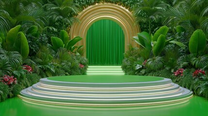 Tropical Product Display Podium  Green Stage  Lush Foliage  Golden Arch