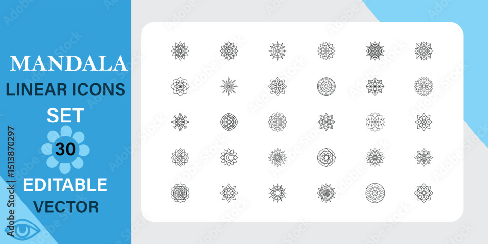 Poster a collection of 30 unique mandala linear icons, editable vector format, perfect for design projects.