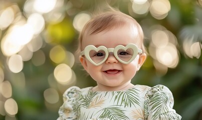 Adorable baby girl smiles wearing heart-shaped sunglasses