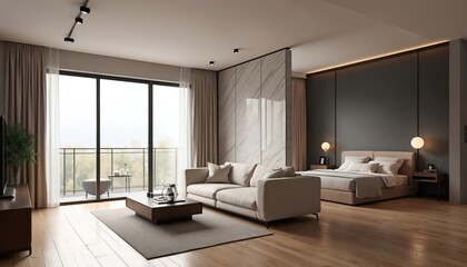 Modern apartment interior design with living room and bedroom. Minimal style with beige sofa, marble wall, wooden floor. Bedroom design includes bed, nightstands, designer lamps, balcony view.