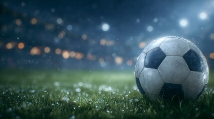 Fototapeta premium Rainy Night Soccer Field Football Game Stadium Grass