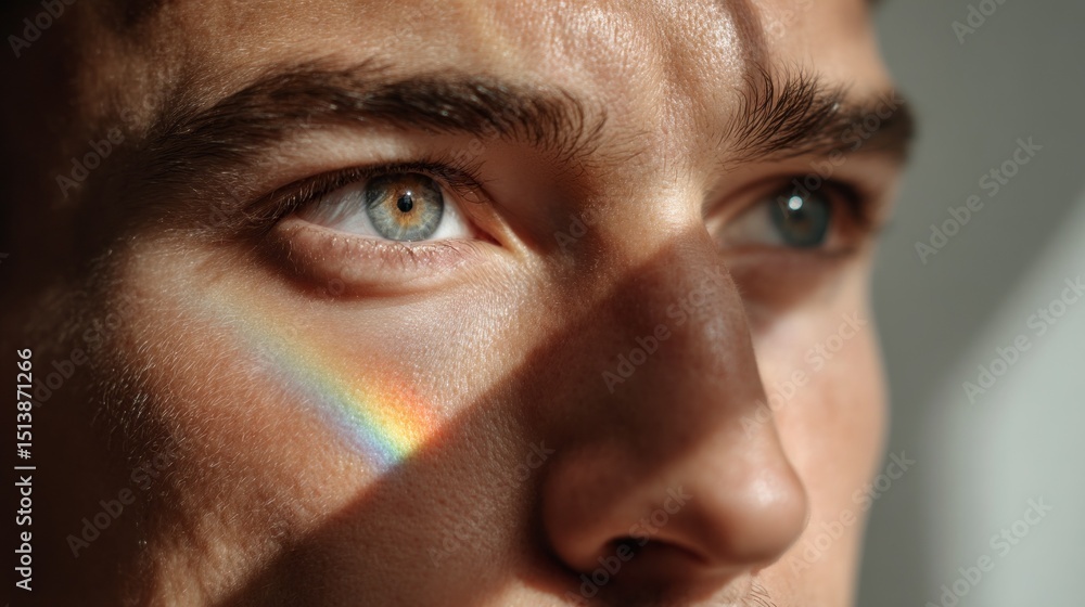 Poster a close-up of a face partially in shadow, featuring a vibrant rainbow reflection on the cheek. sunli