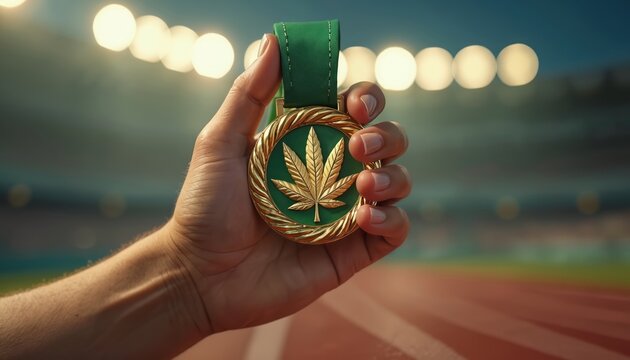 Close-up shot of hand holding gold medal with cannabis leaf symbol. Blurred background of stadium lights, track field. Symbol of victory, recognition. Represents success, achievement, pride, elite.