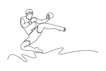 Continuous one line drawing strong male Muay Thai boxer training with jump kick for bodybuilding and healthy lifestyle. Hard workout in sport club. Single line draw design vector graphic illustration