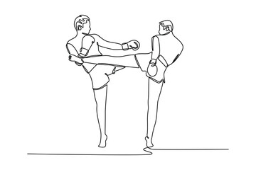Continuous one line drawing two muay thai boxers exercising traditional martial art in gym or sports center. Healthy lifestyle, hobby, fitness workout. Single line design vector graphic illustration
