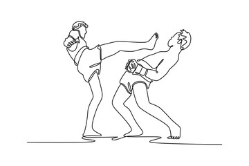 Continuous one line drawing two men boxer fighting muay thai kickboxing high kick technique. Healthy lifestyle, hobby, fitness workout, competition. Single line draw design vector graphic illustration