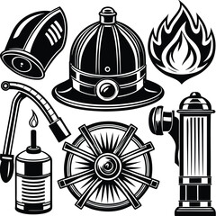 Obraz premium Firefighter Emblem and Icon Set – Vector Graphics Collection, Black and White Firefighter Equipment and Symbol Illustrations, Fireman Helmet, Hydrant, and Axe Logo Icons – Emergency Response Art.