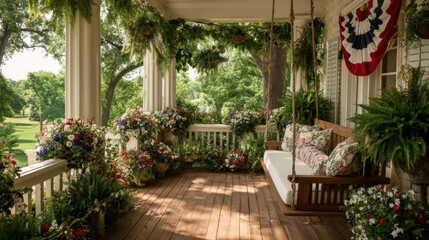 Fototapeta premium Relaxing Summer Porch with Flowers and Swing