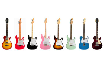 set of different colored electric guitars isolated on white background