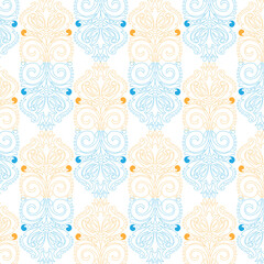 Seamless decorative pattern featuring stylized floral ornament in blue and gold colors on white background