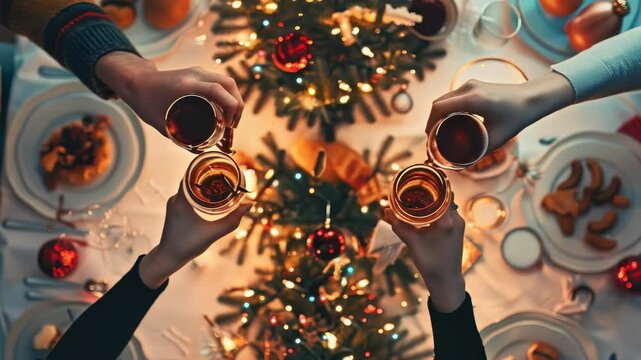 Festive holiday cheers with friends! A cozy gathering around the table toasting with drinks, celebrating the season with joy and camaraderie. Warm and inviting ambiance.