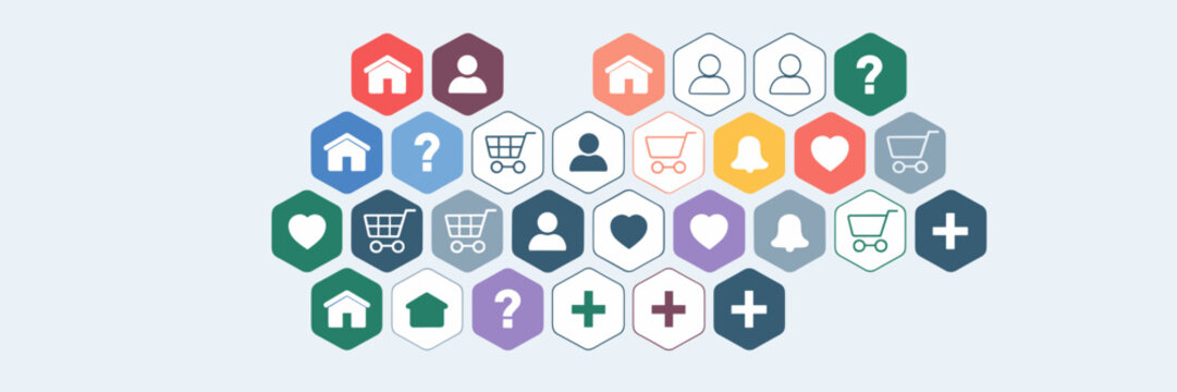 Multicolored hexagonal icons including home and cart – Great for app UI kits, digital dashboards, or user-friendly design packs
