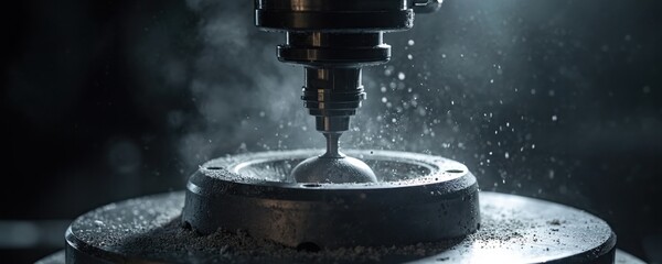 CNC milling machine shaping turbocharger component. Precision ball end mill creates metal part in advanced manufacturing environment. High tech process involves tooling engineering automation