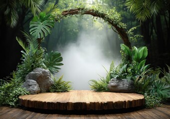 Obraz premium Round Wooden Table with Tropical Plants for Product Display, Dark Forest Mockup