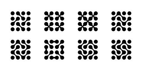 Atom dots connected in molecule structure pattern. Abstract circle shapes, collagen liquid drops. Medical tech metaball cells. Wavy merge fluid arrow, laboratory symbol. Dividing blob circuit cross