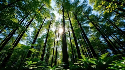 Lush green forest with tall trees and sunlight filtering through leaves , sunlight, scenery, nature