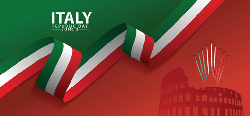 Italy Republic Day 2 June flag ribbon with landmark vector poster