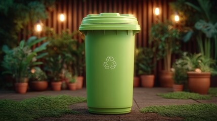 Obraz premium Green Recycling Bin in Lush Garden Setting Eco Friendly Waste Disposal