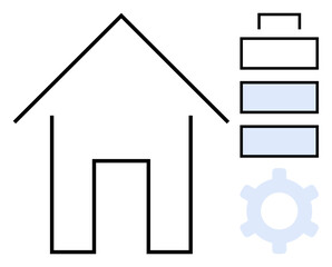 House outline with battery levels representing power and gear showing settings or automation. Ideal for energy, technology, sustainability, home design, smart living, automation, innovation. Flat