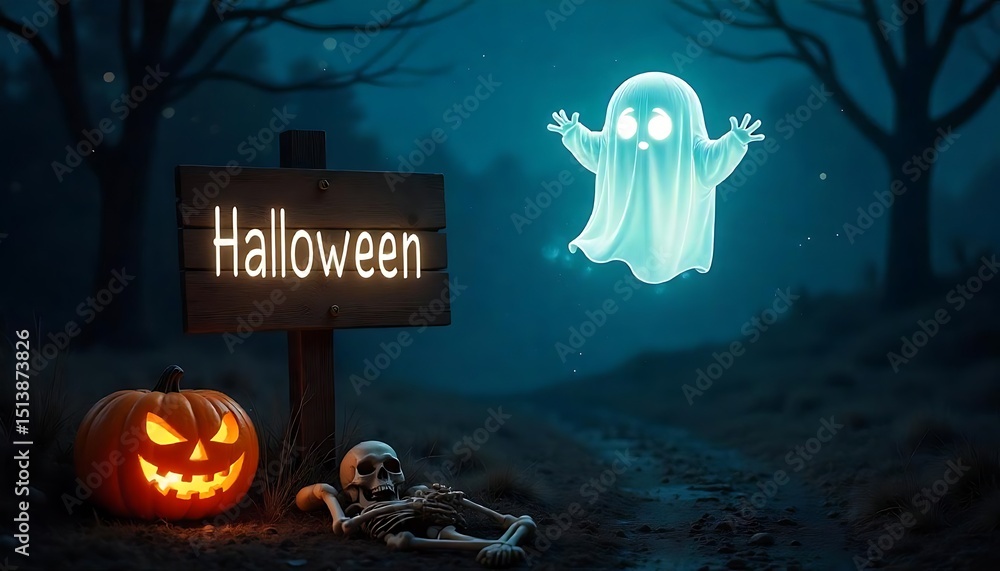 Fototapete a glowing white ghost floating above a wooden sign in a spooky night scene, with a carved jack-o-lan