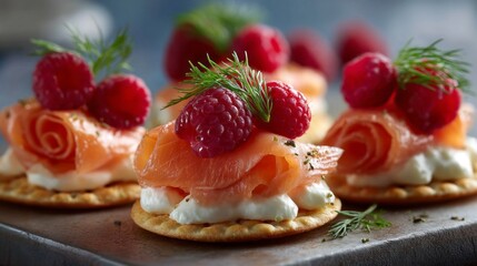 Colorful salmon canapes are arranged on a rustic platter, garnished with raspberries and fresh herbs, perfect for upscale events or festive occasions, showcasing culinary art and flavor
