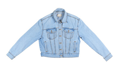 Classic light blue denim jacket displayed on white background