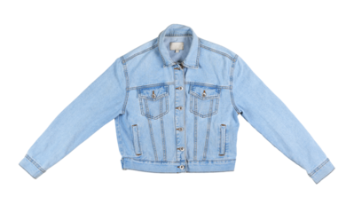 Classic light blue denim jacket displayed on white background