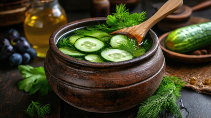 Fresh homemade cucumber pickles in rustic wooden bowl with dill and parsley on dark wooden table