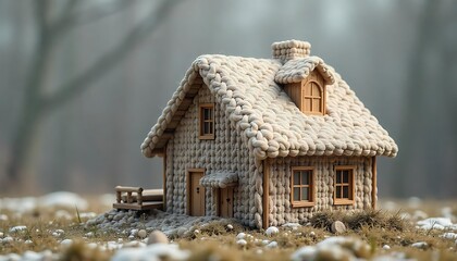 A house consisting of a knitted hat - real estate insulation concept, created with generative ai